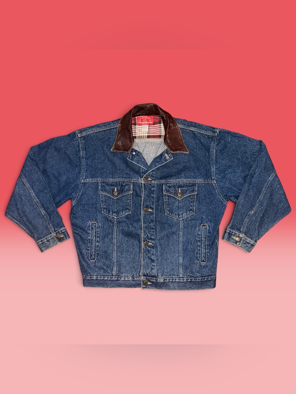 Vintage Marlboro Country Store Leather Collar Denim Jacket Plaid Lined - Large
